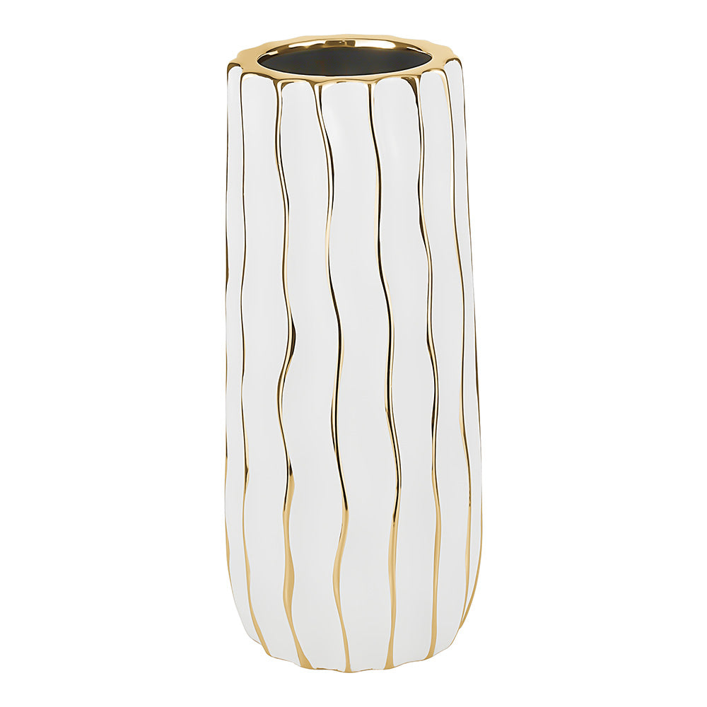 Tall White Porcelain Vase with Gold Wavy Design