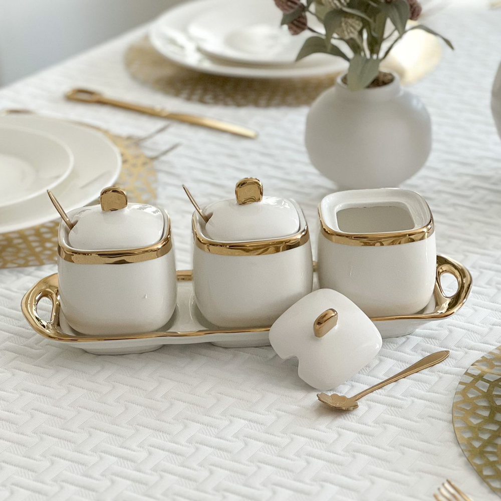 Coffee Tea and Sugar Porcelain Pots with Gold Trim
