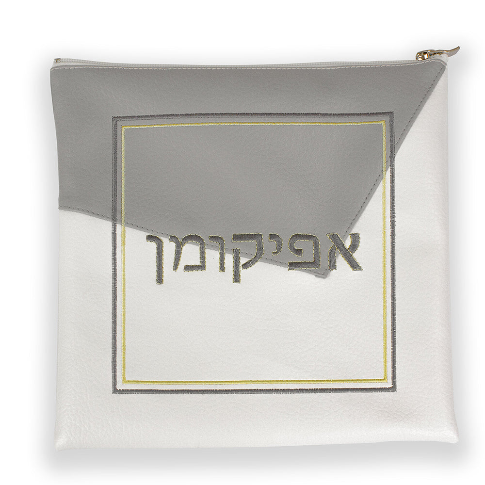 White and Grey Leatherette Seder Set with Gold Stitch Embroidery