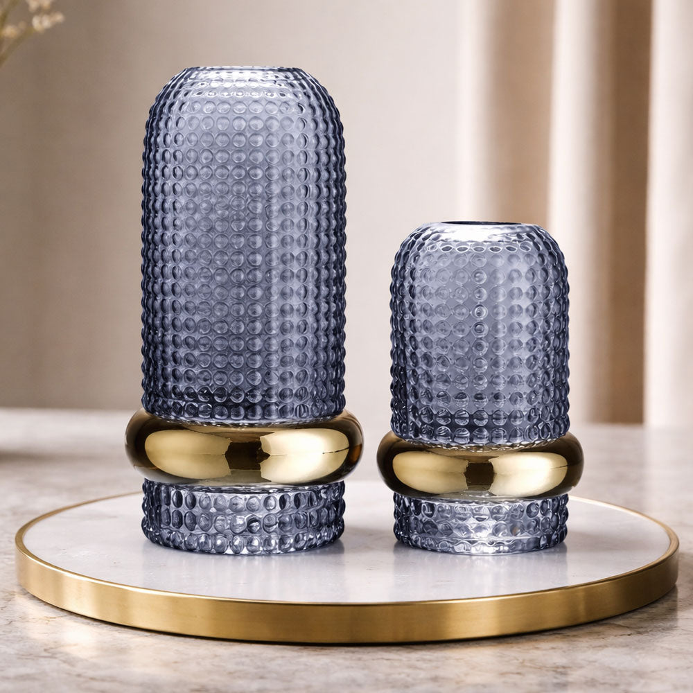 Blue Glass Hammered Vase with Gold Band