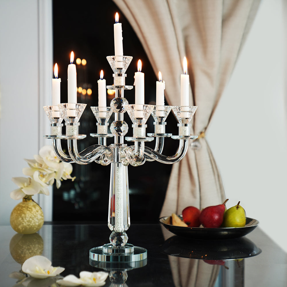 Crystal Candelabra with 7 Arms and Round Crystals in Center Stem