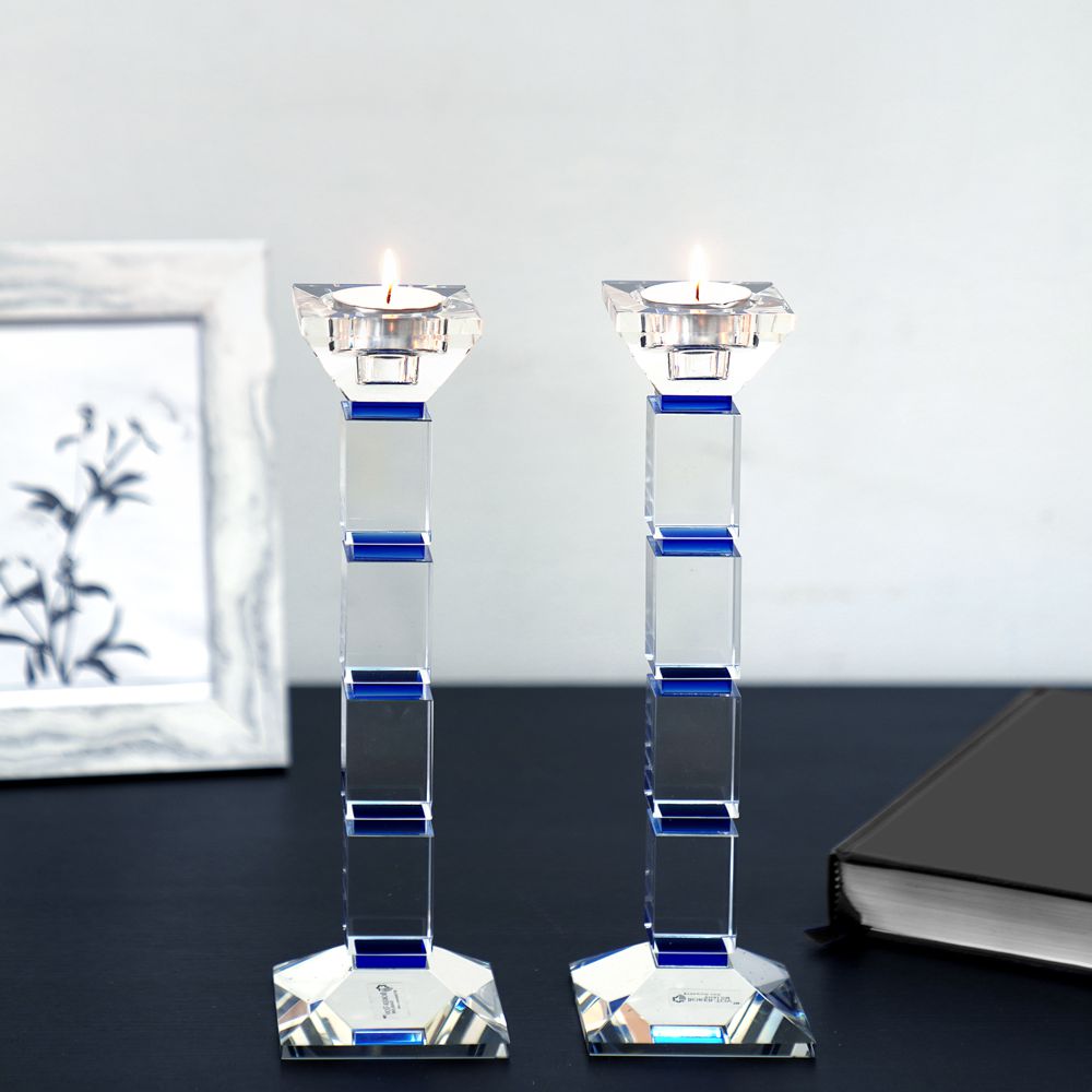 Crystal Candlesticks Square Design Set of 2 - Blue