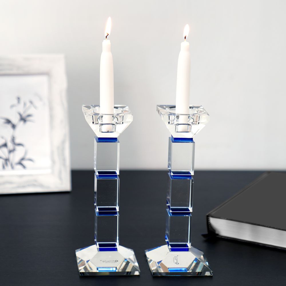 Crystal Candlesticks Square Design Set of 2 - Blue