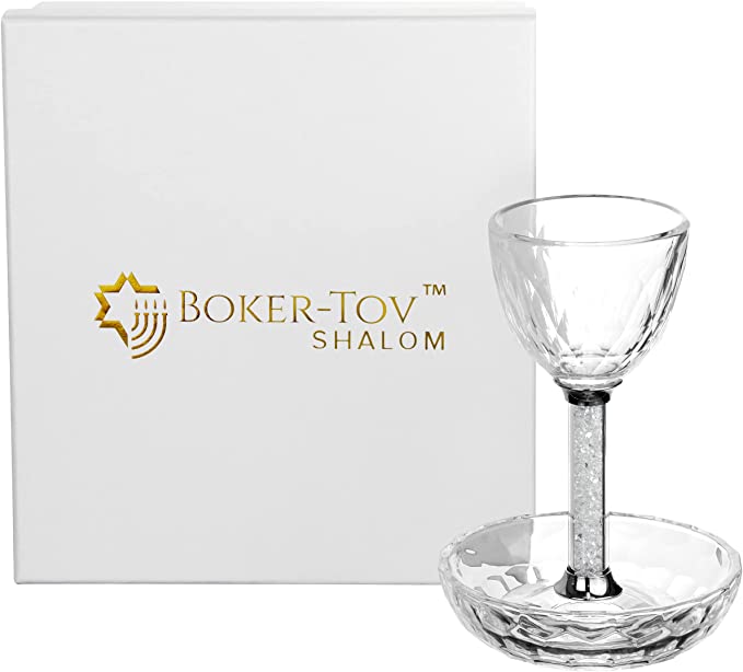 Crystal Kiddush Cup with Clear Gemstones within the Stem and Coordinating Tray