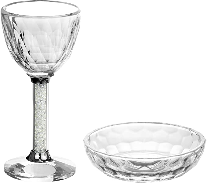 Crystal Kiddush Cup with Clear Gemstones within the Stem and Coordinating Tray