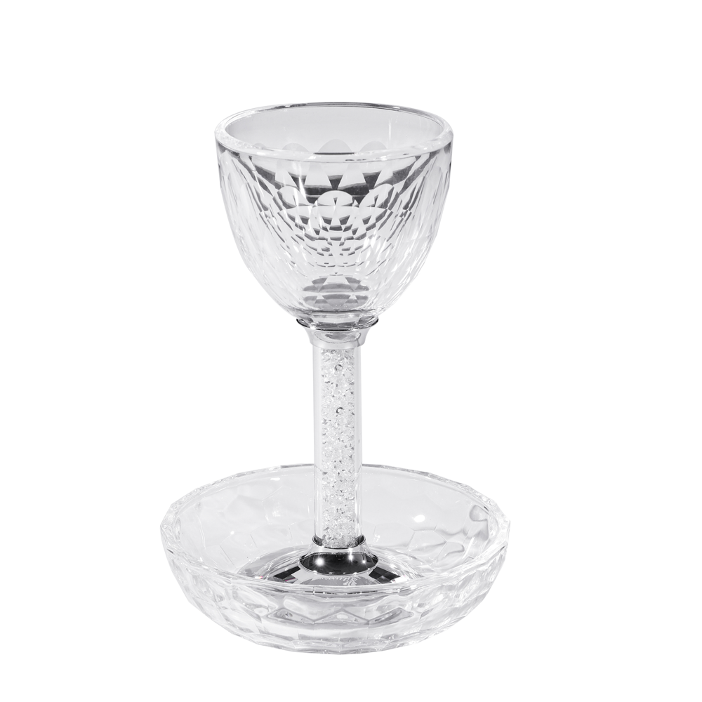 Crystal Kiddush Cup with Clear Gemstones within the Stem and Coordinating Tray