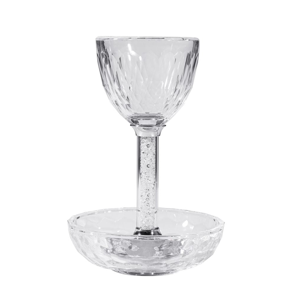 Crystal Kiddush Cup with Clear Gemstones within the Stem and Coordinating Tray