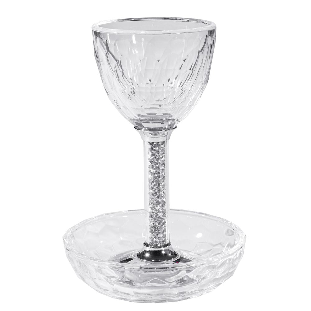 Crystal Kiddush Cup with Clear Gemstones within the Stem and Coordinating Tray