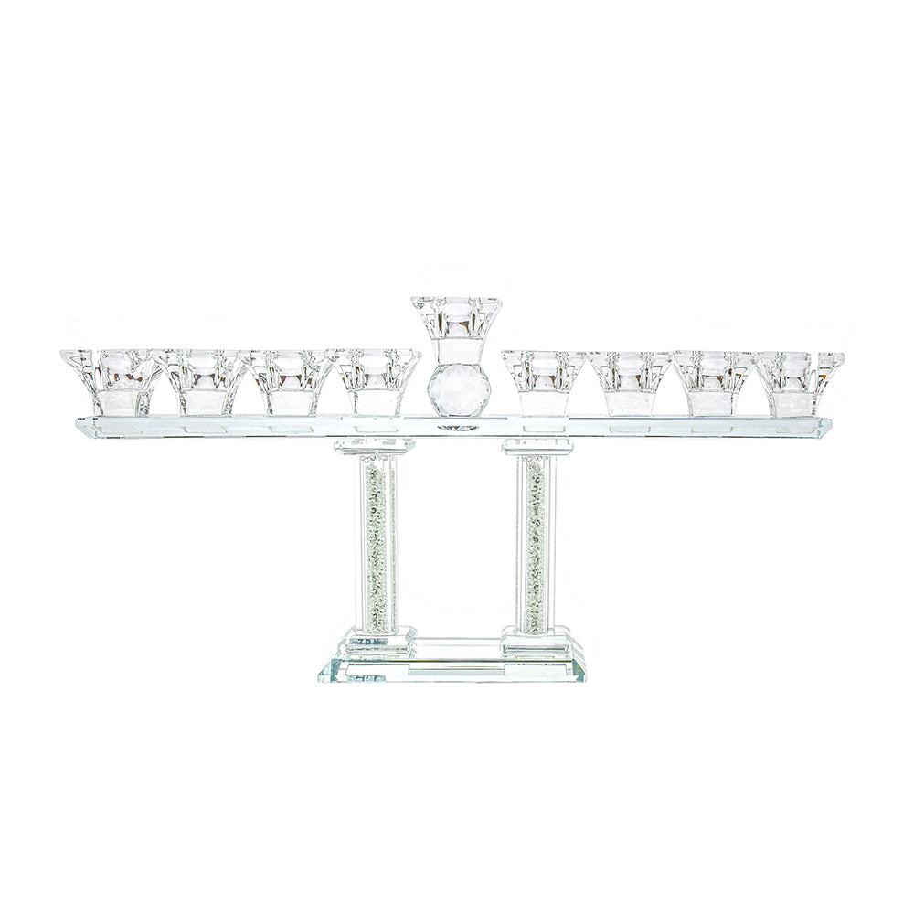 Crystal Menorah on Two Pillars with Gold and Silver Inner Gemstones