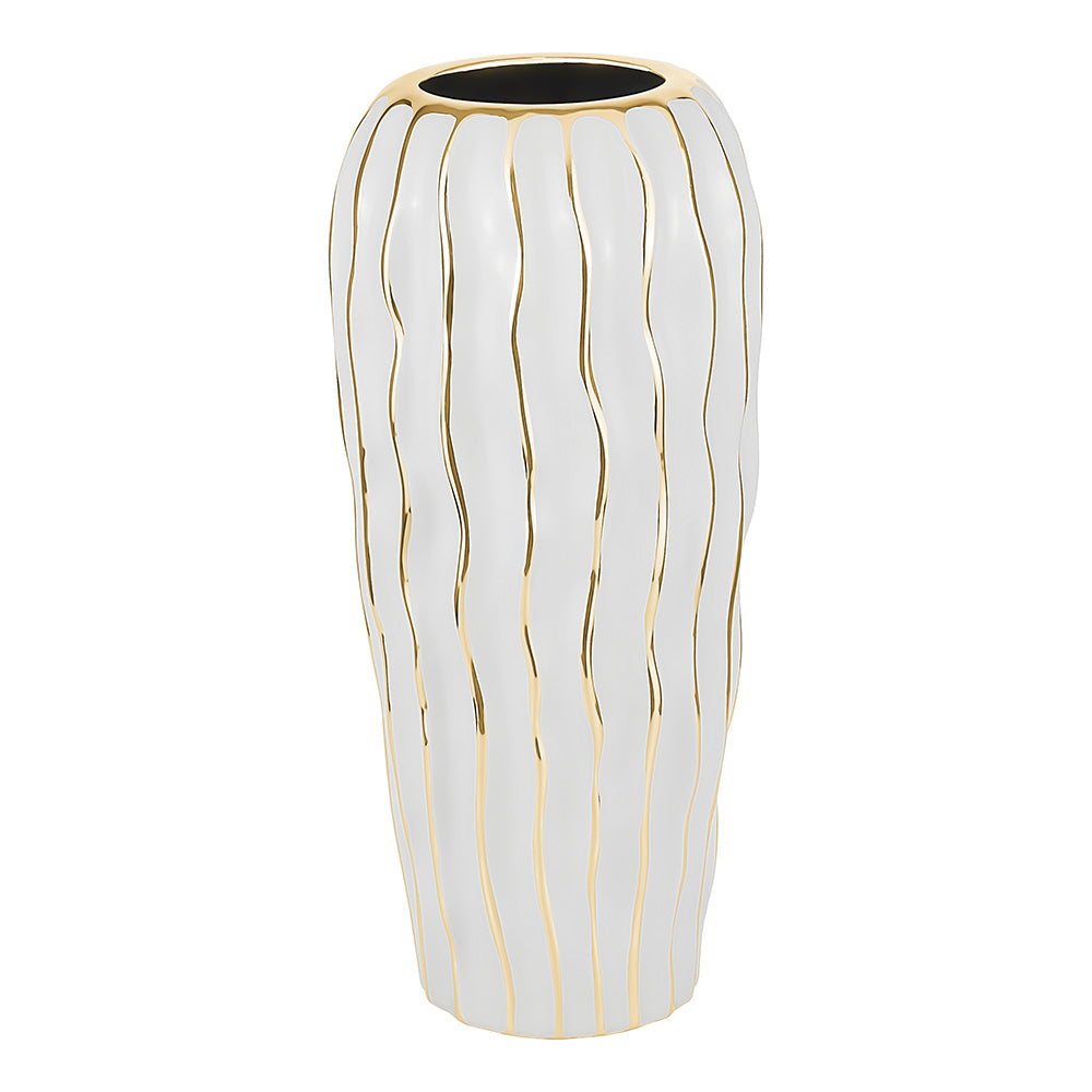 Elegant White Porcelain Vase with Gold Wavy Design