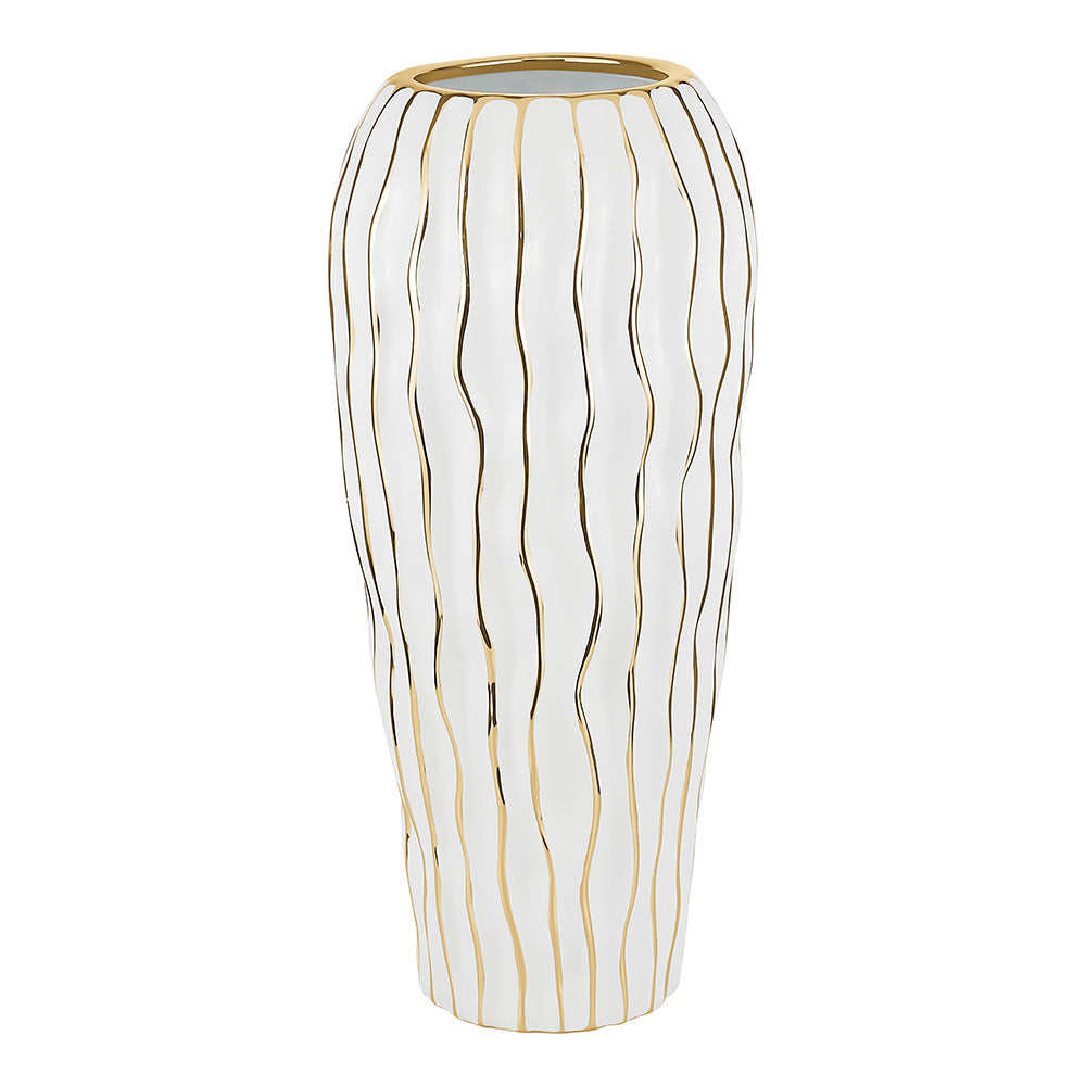 Elegant White Porcelain Vase with Gold Wavy Design