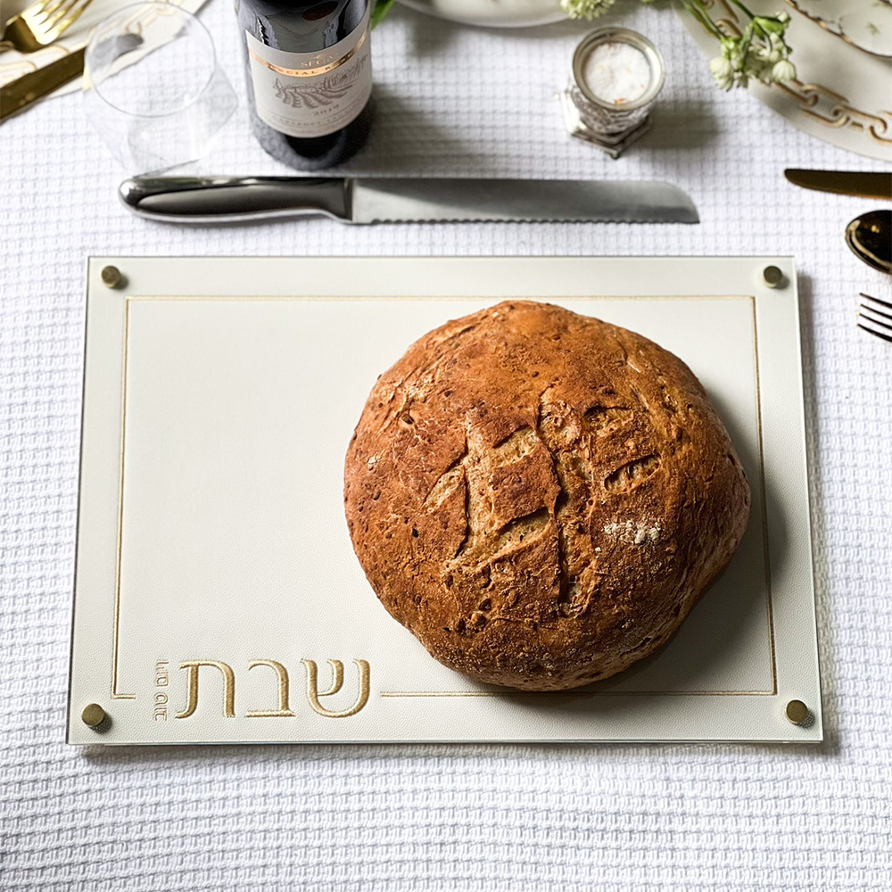 Embroidered Leatherette Lucite and Glass Top Challah Board