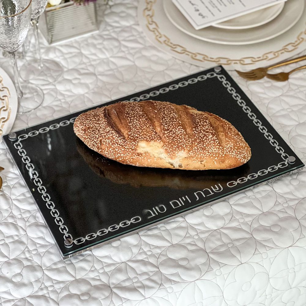 Glass Challah Board with Chain Design Embroidered Black Leatherette