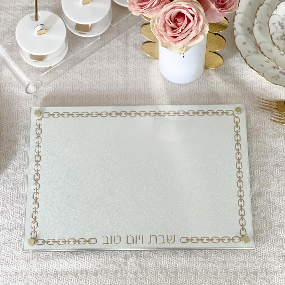 Glass Challah Board with Chain Design Embroidered Leatherette