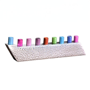 Hammered Metal Menorah with Colorful Candle Cups