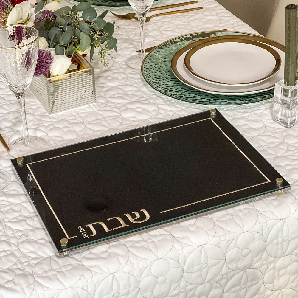 Embroidered Black Leatherette Lucite and Glass Top Challah Board