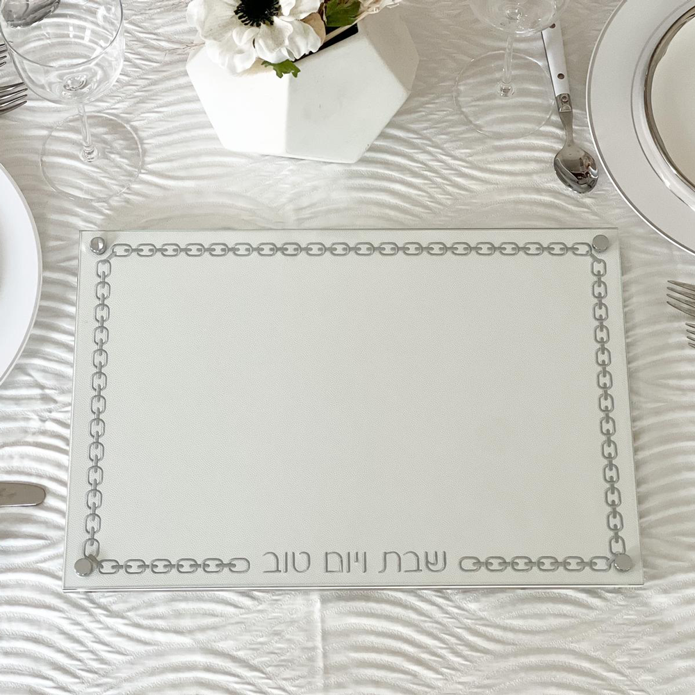 Glass Challah Board with Chain Design Embroidered Leatherette