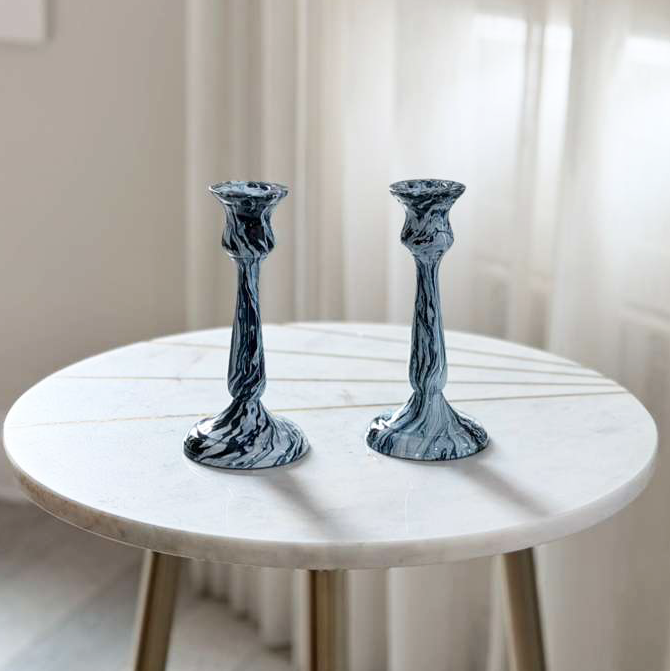Aluminium Blue Swirl Candlesticks