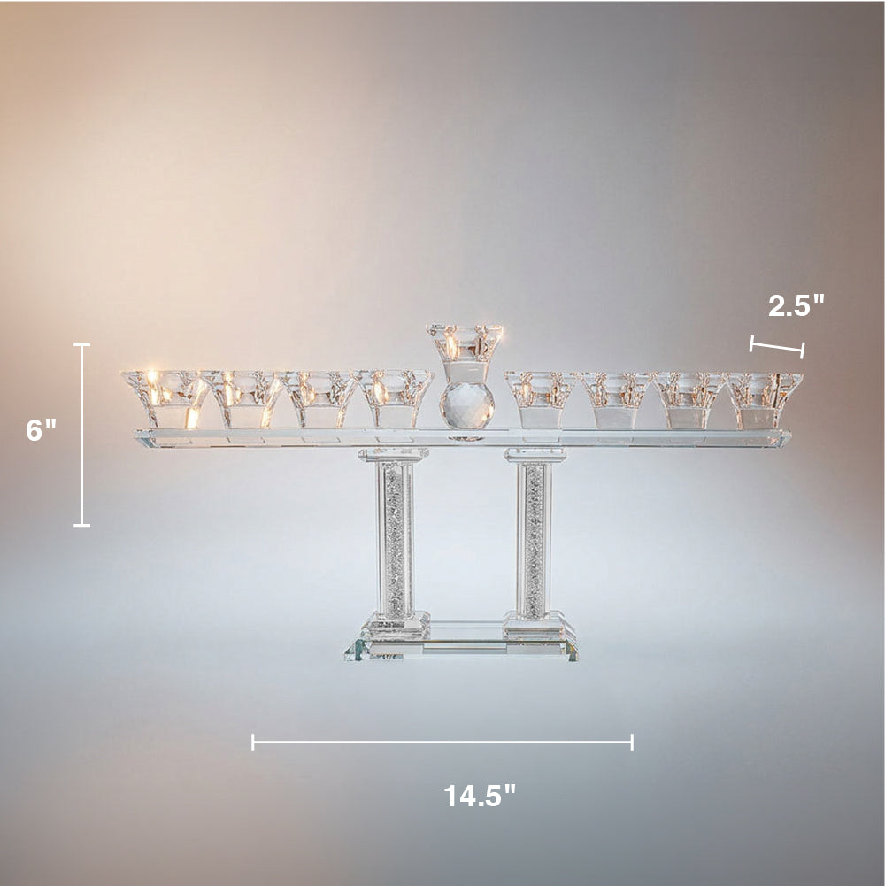 Crystal Menorah on Two Pillars with Gold and Silver Inner Gemstones