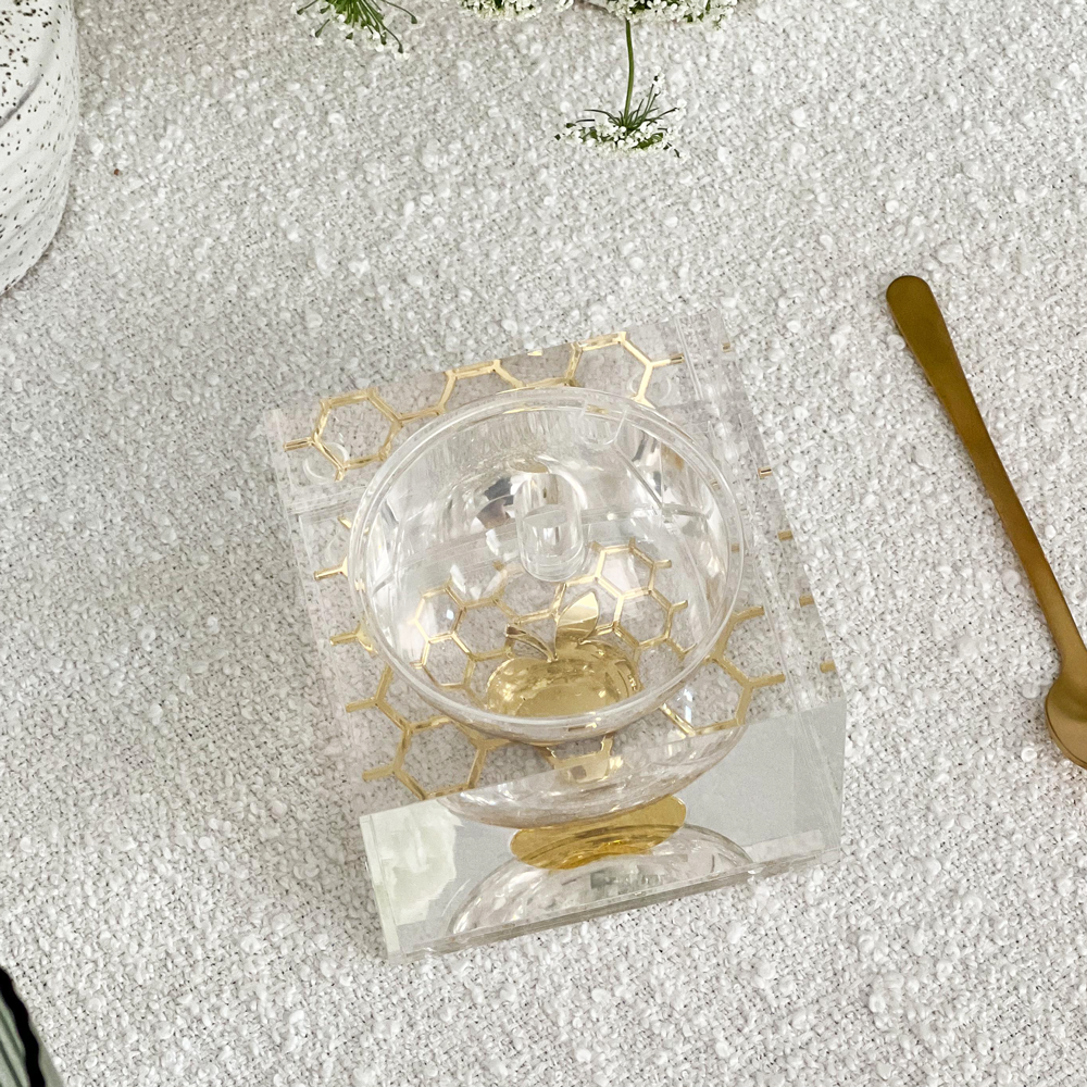 Lucite Square Honey Dish with Honeycomb & Apple Design