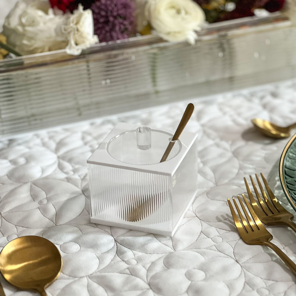 Corrugated Lucite Square Honey Dish with Gold Spoon
