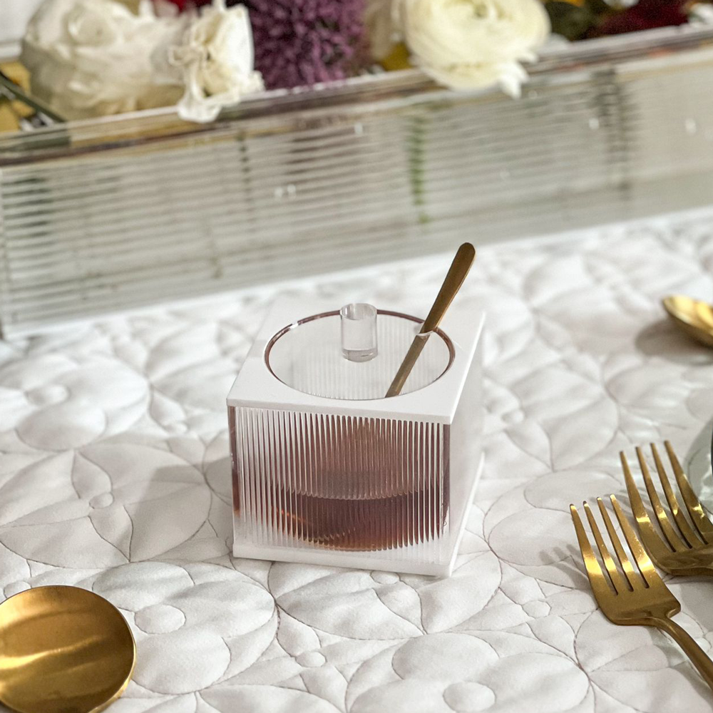 Corrugated Lucite Square Honey Dish with Gold Spoon