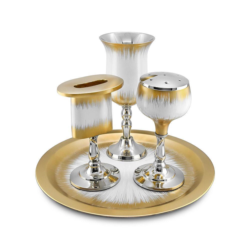 White Enamel Havdallah Set with Brushed Gold Designs