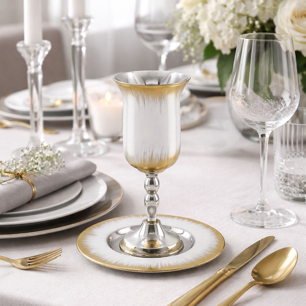 White Enamel Kiddush Cup with Brushed Gold Design