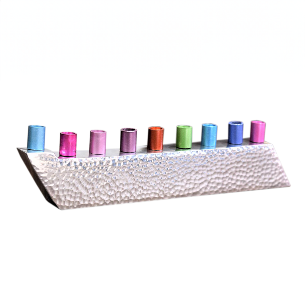Hammered Design Menorah with Colorful Candle Cups