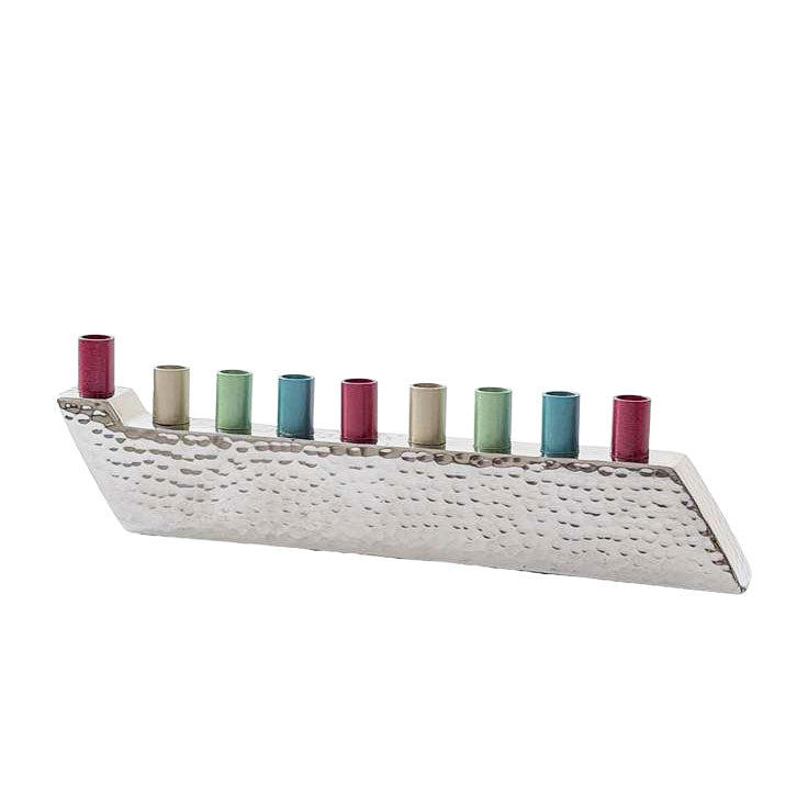 Hammered Metal Menorah with Colorful Candle Cups