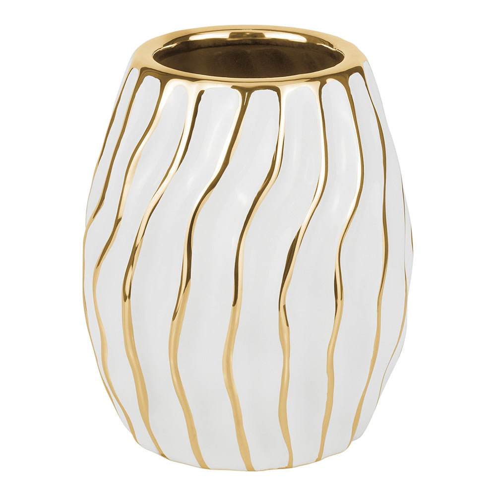 Short White Porcelain Vase with Gold Wavy Design