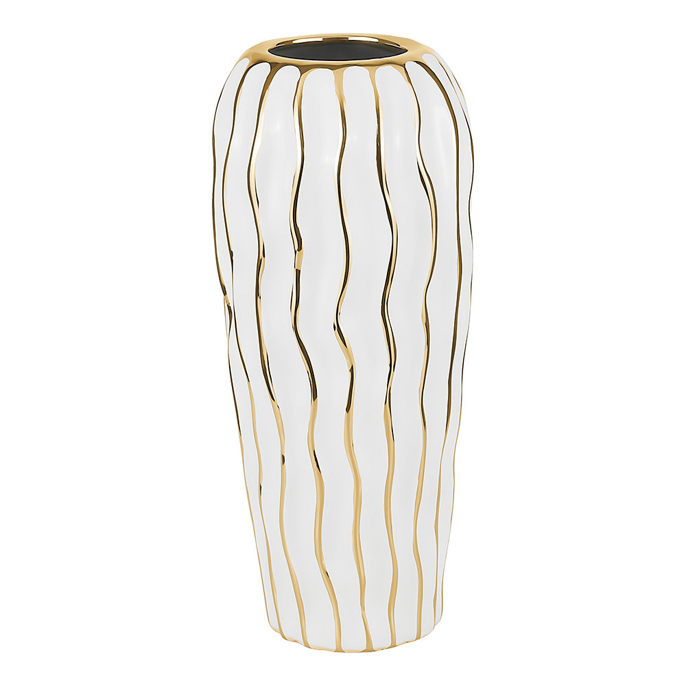 Elegant White Porcelain Vase with Gold Wavy Design