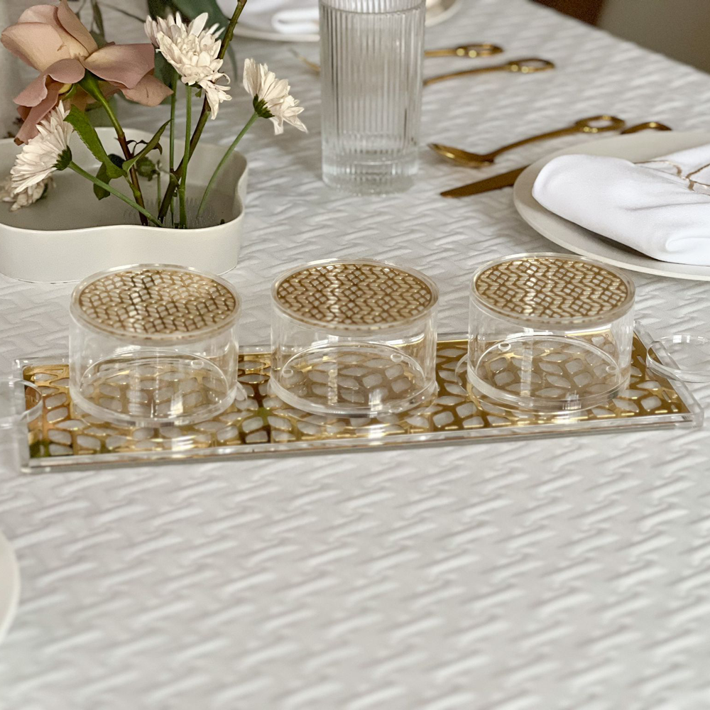 Lucite and Laser Cut Look Dip Bowls & Tray