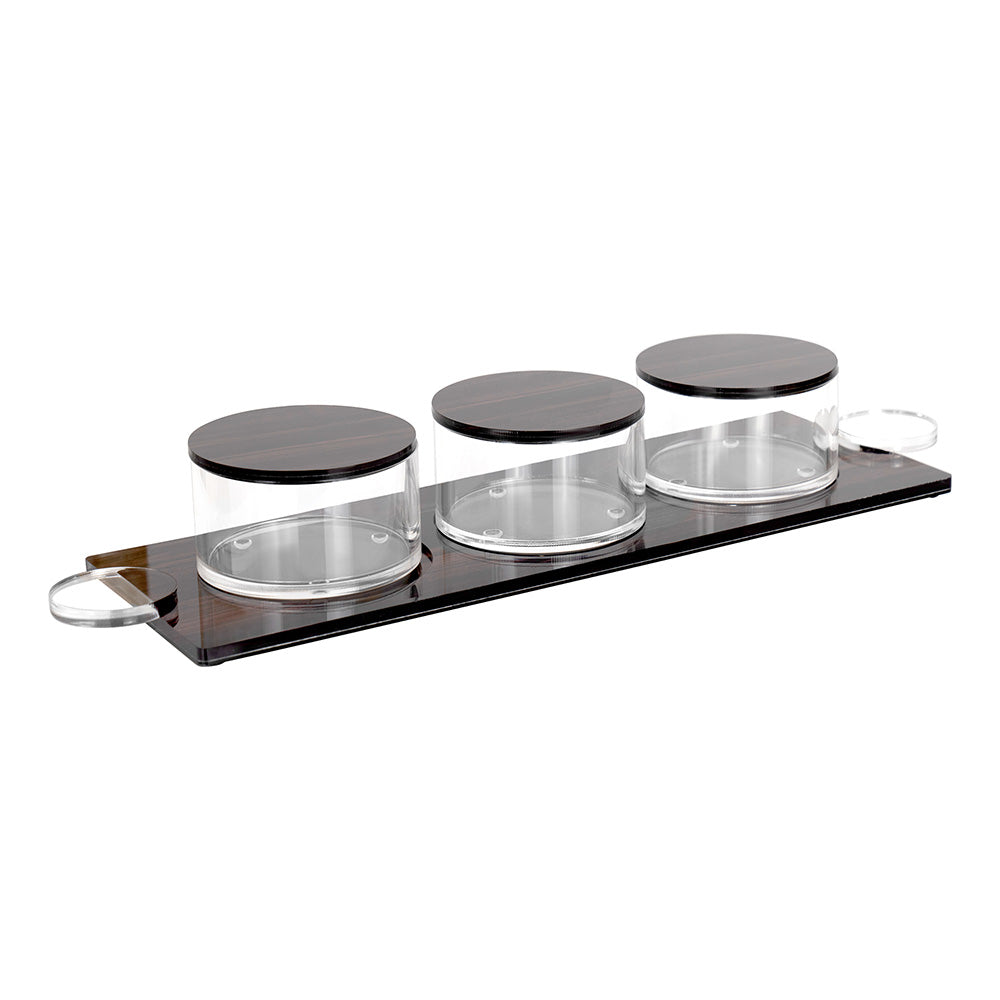 Lucite Wood Look Dip Bowls & Tray