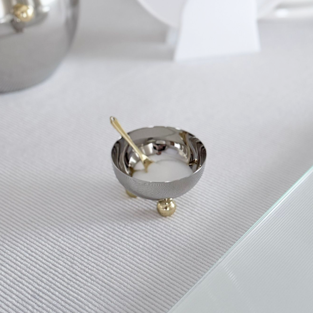 Stainless Steel Salt Bowl with Gold Balls and Spoon