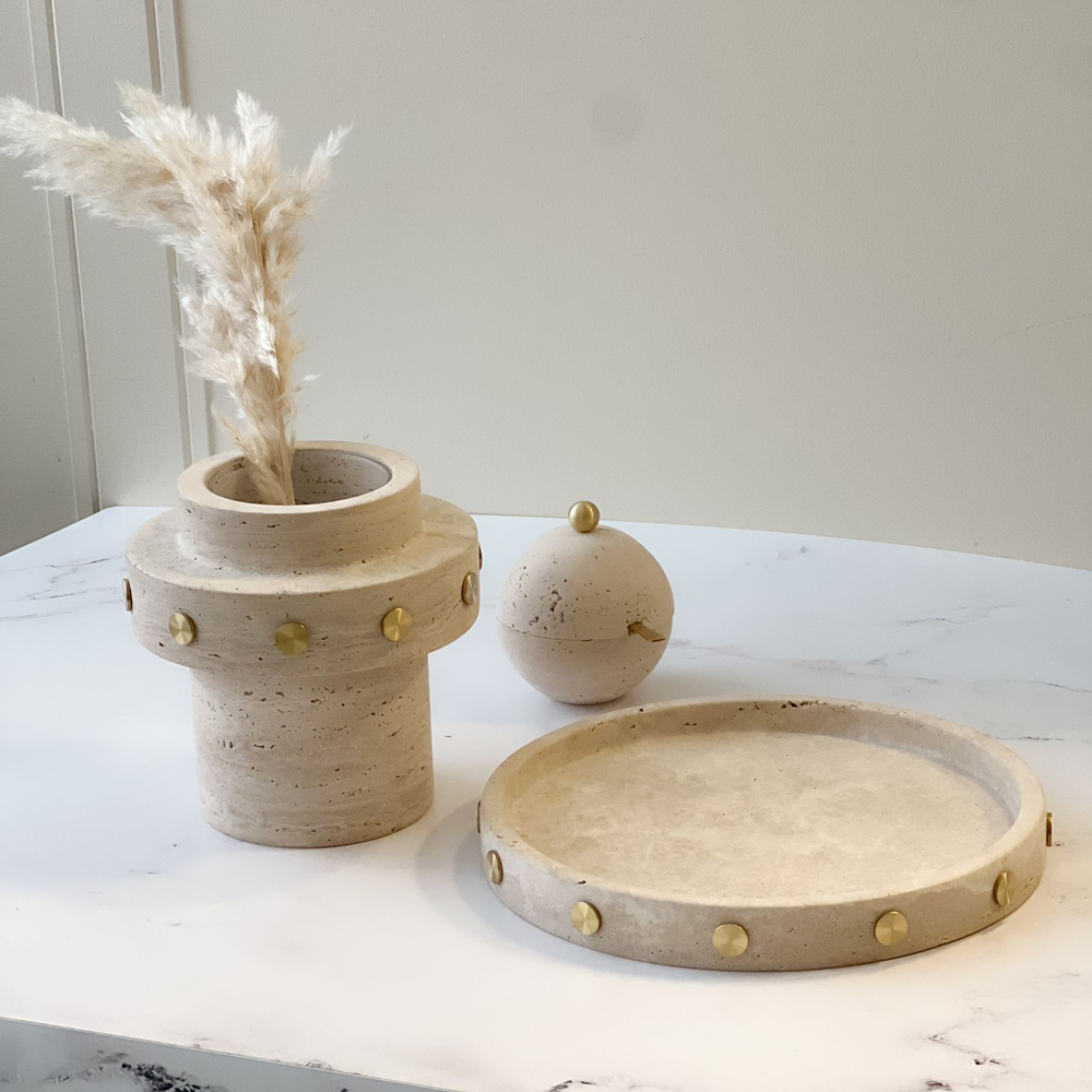 Travertine Round Tray with Gold