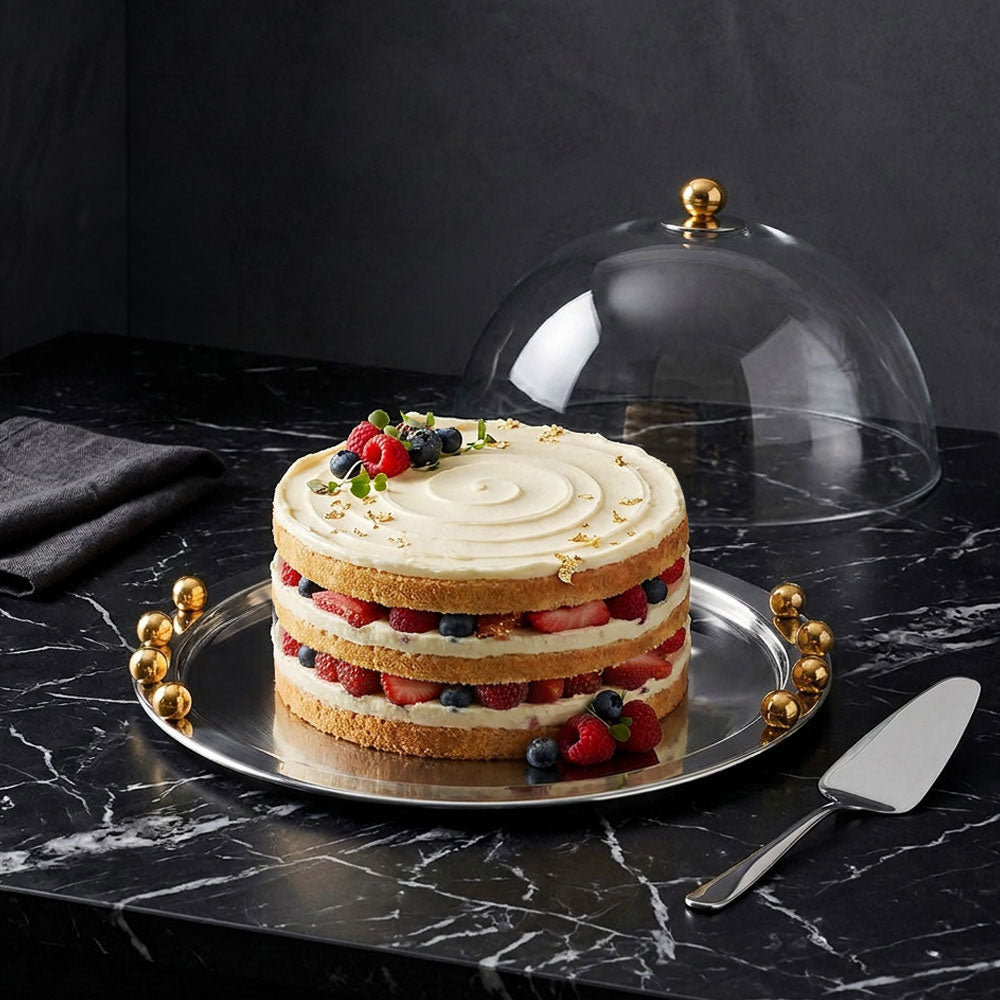 Stainless Steel Cake Dome With Gold Balls