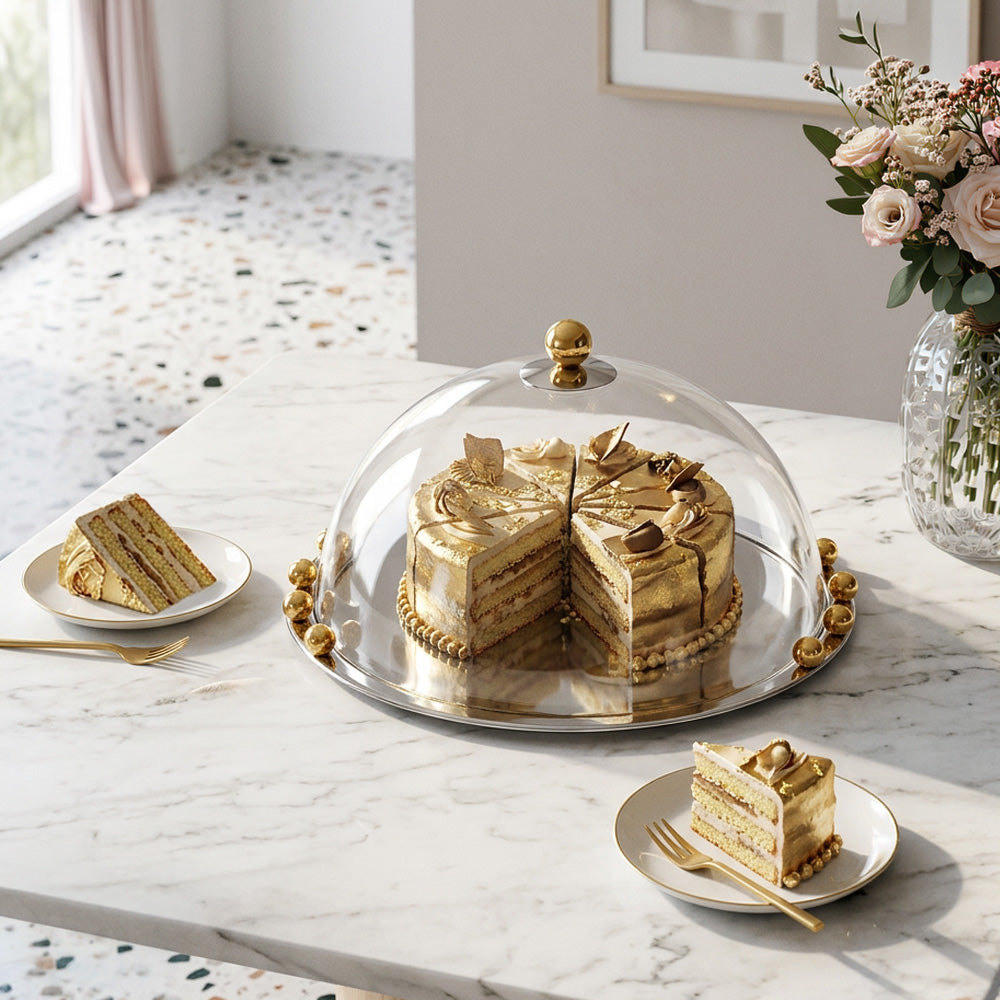 Stainless Steel Cake Dome With Gold Balls