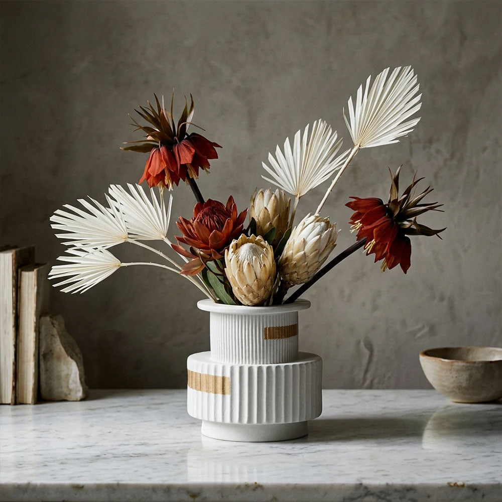 Ribbed Porcelain Vase with Gold Strips