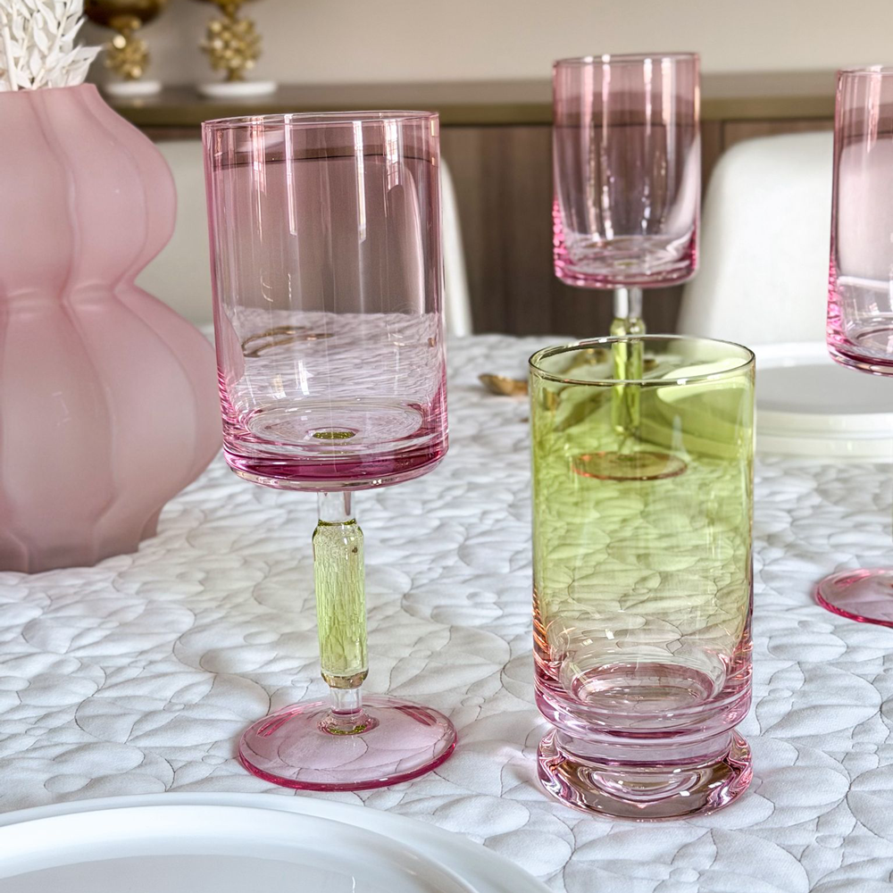 Green & Pink Stem Wine Glasses 6pk