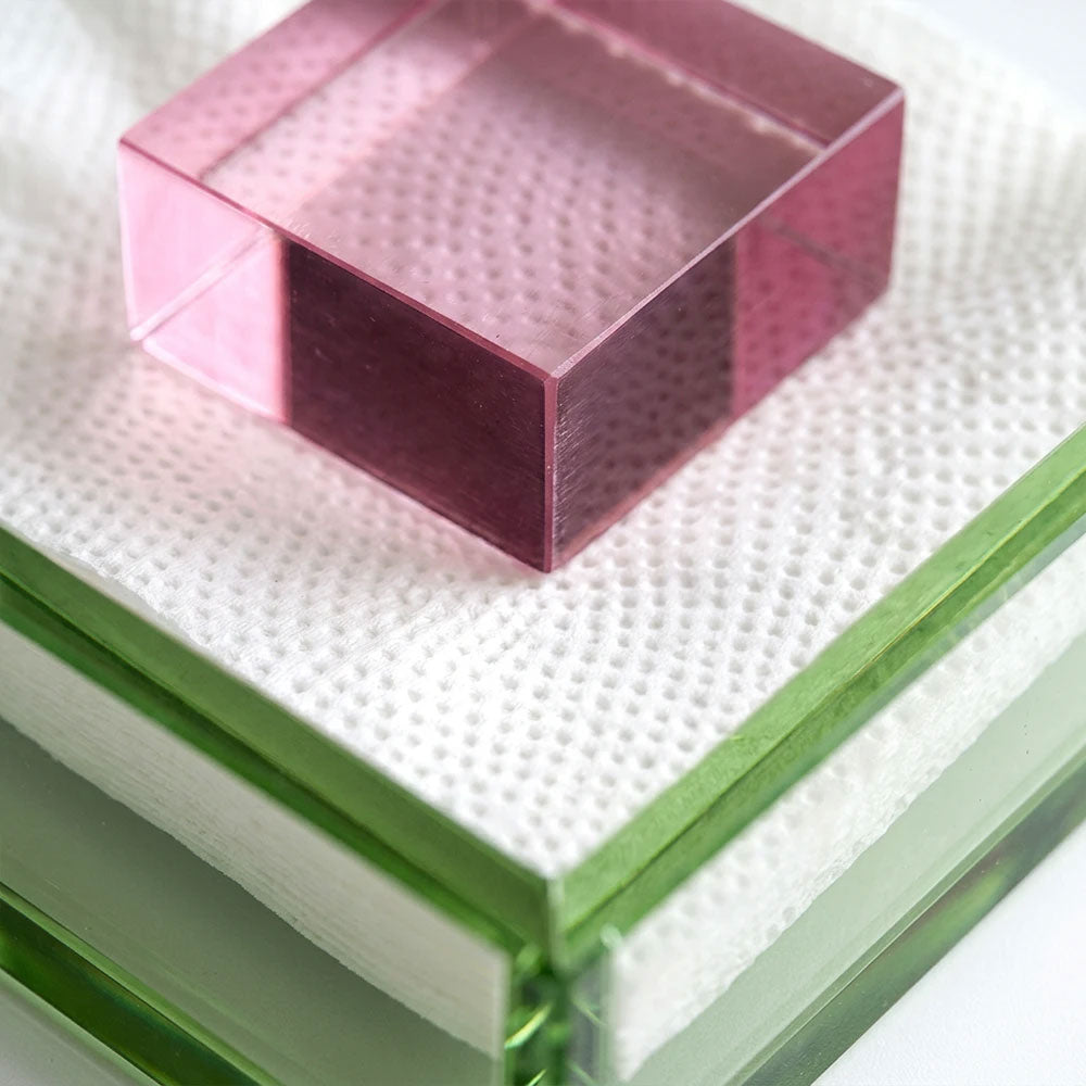 Green Lucite Napkin Holder with Pink Block Weight
