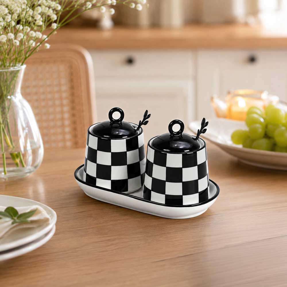 Chic Checkered Porcelain Coffee & Sugar Jars