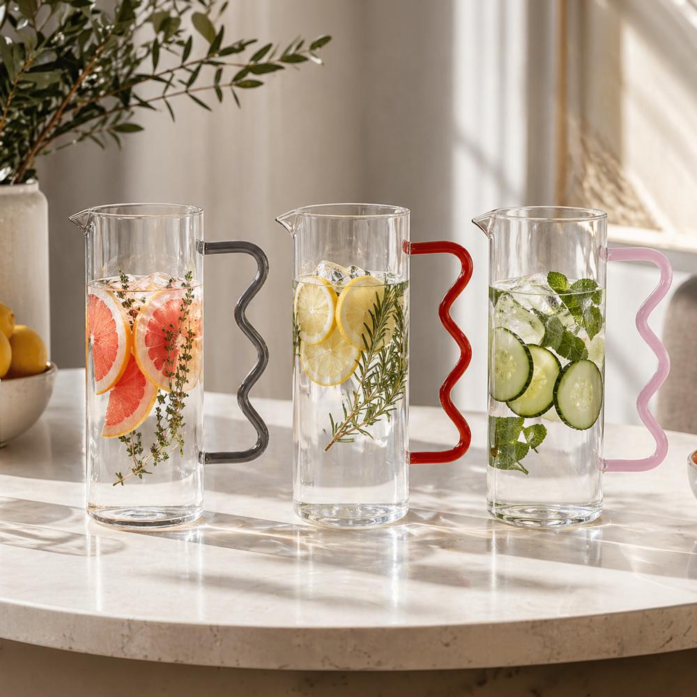 Glass Pitcher with Colored Wavy Handle