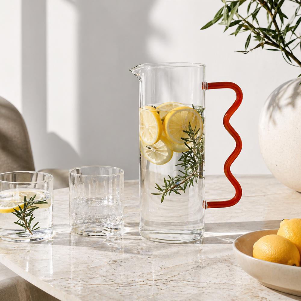 Glass Pitcher with Colored Wavy Handle