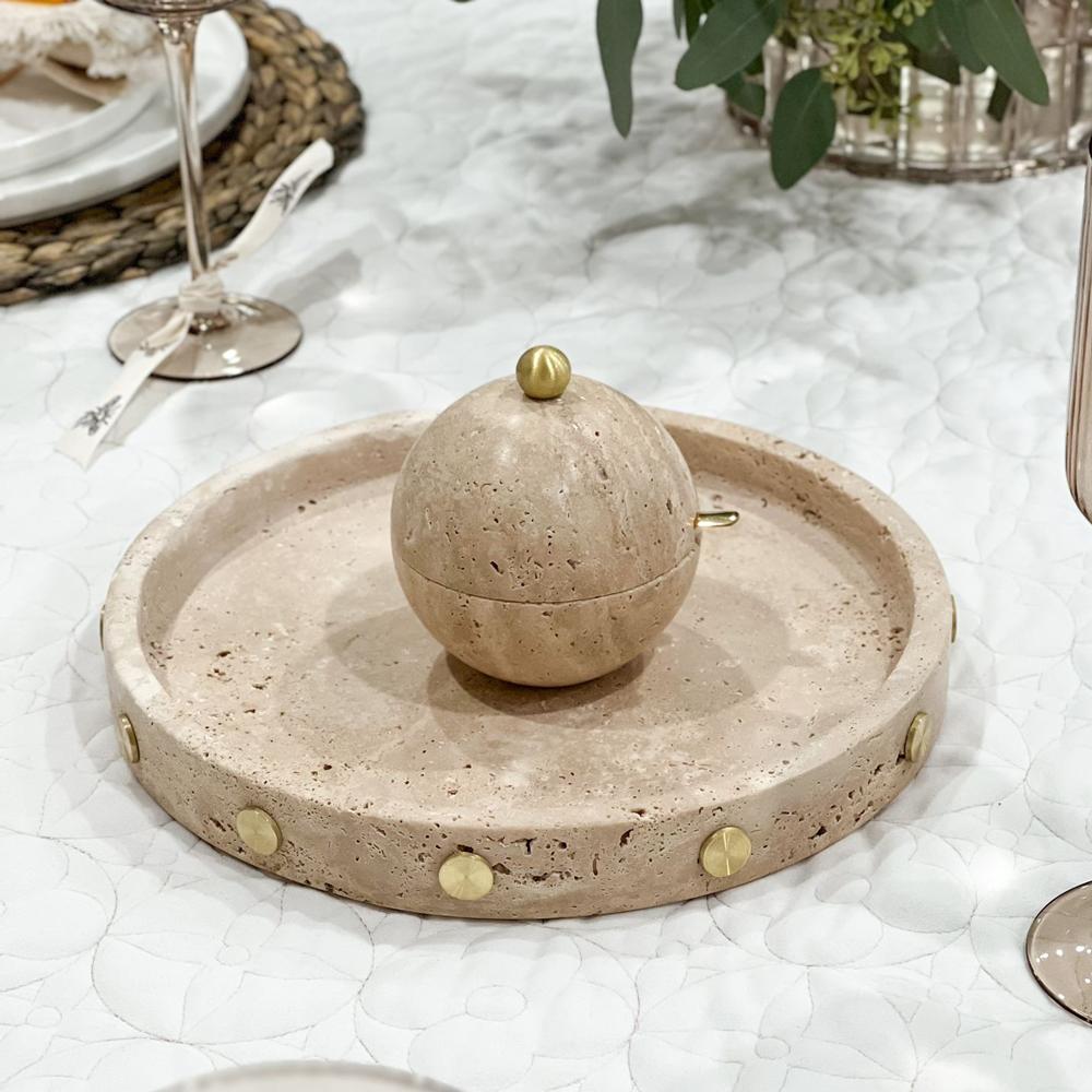 Travertine Round Tray with Gold Studs