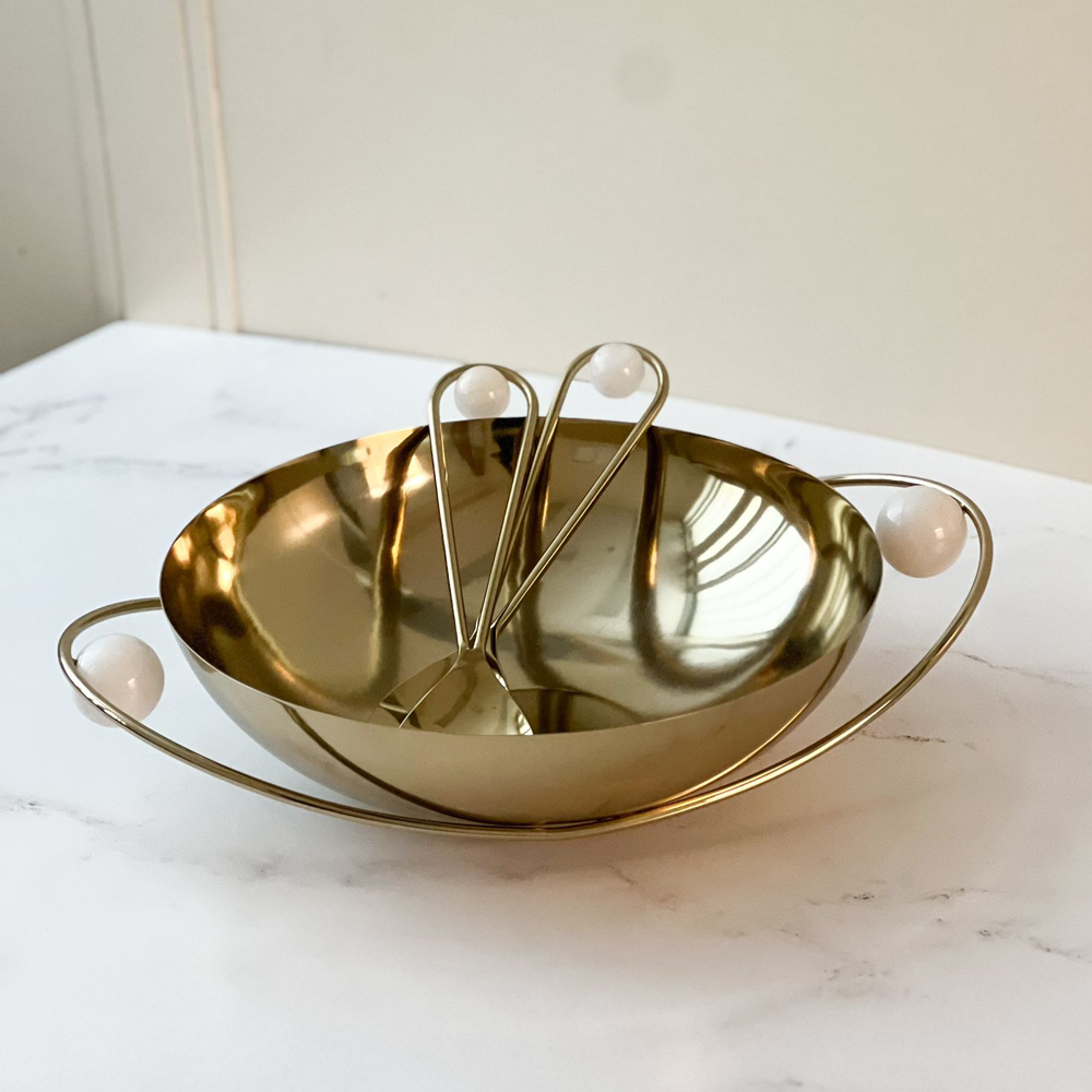 Stainless Steel Serving Bowl with Gold Handles and Balls