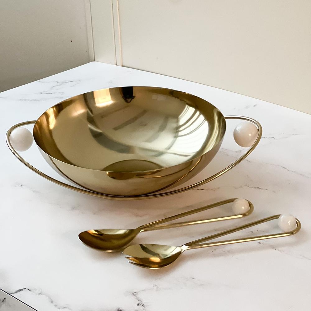 Stainless Steel Salad Bowl with Gold Handles and Balls