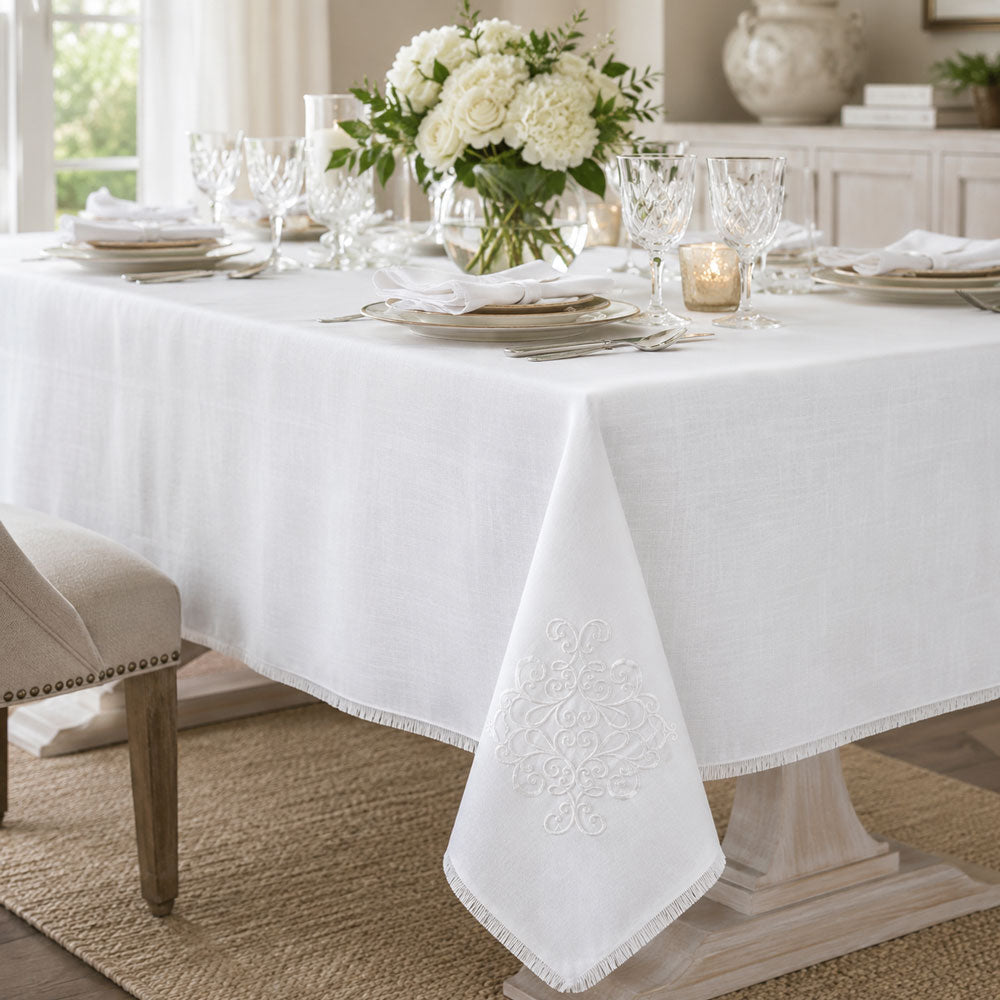 Whisper Weave Tablecloth With White Filigree Design