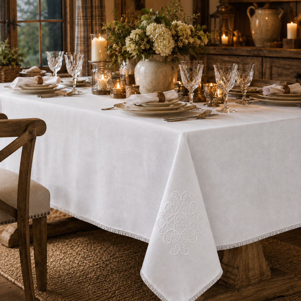 Whisper Weave Tablecloth With White Filigree Design