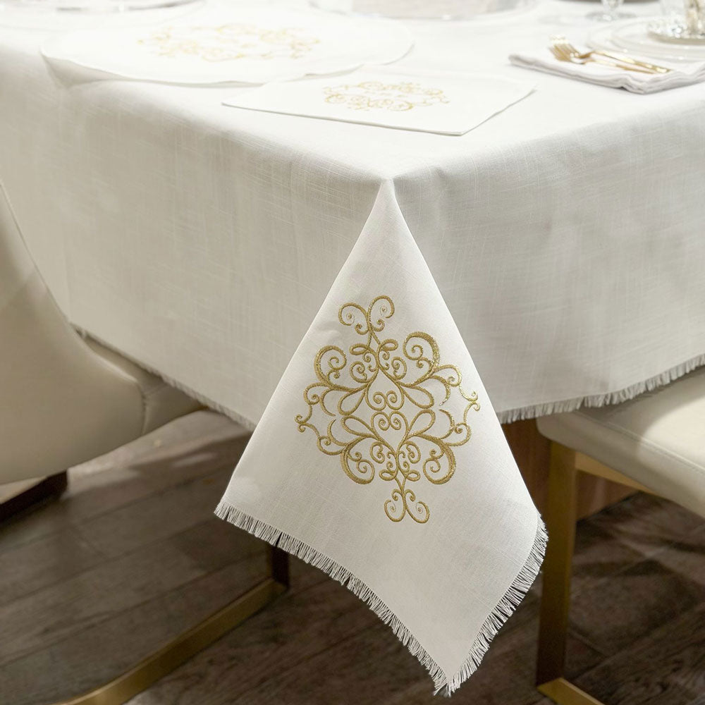 Whisper Weave Tablecloth With Gold Filigree Design